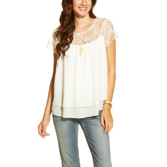 ARIAT Nelly Ivory Lace Cap Sleeve Layered Hem Top - Size XS - Picture 1 of 6